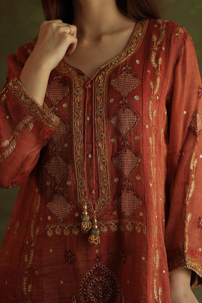 Rose Taupe Shade Tissue Silk Chikankari With Ari Work Kurta Dupatta Set