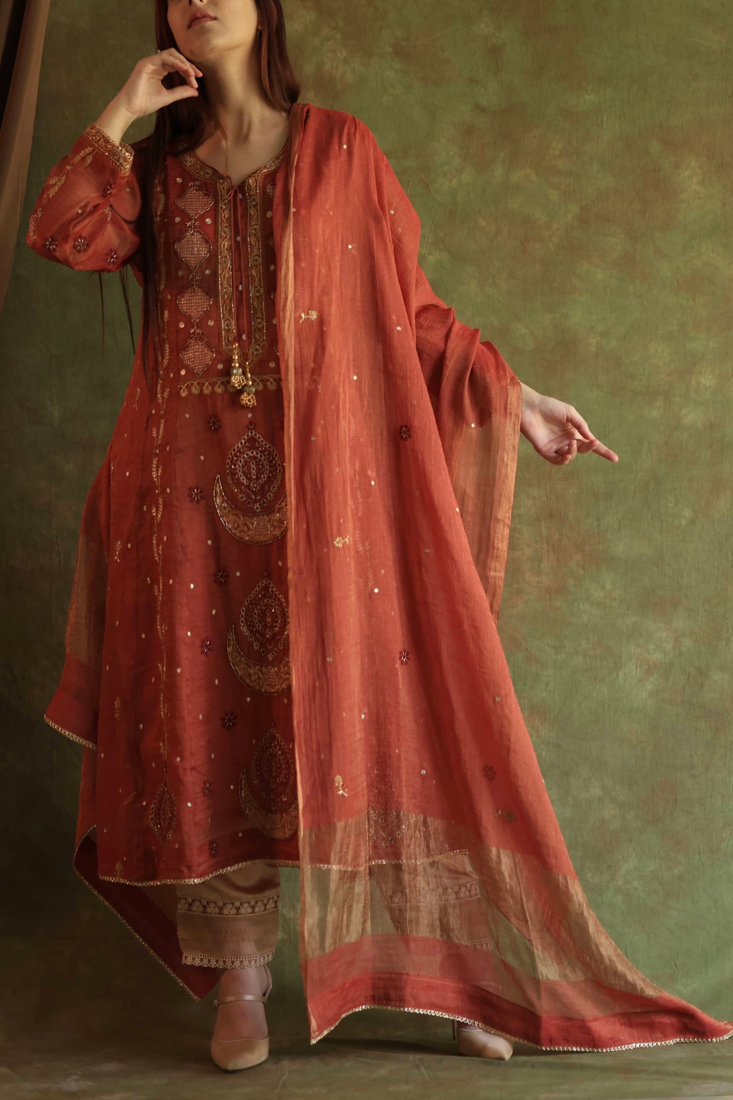 Rose Taupe Shade Tissue Silk Chikankari With Ari Work Kurta Dupatta Set