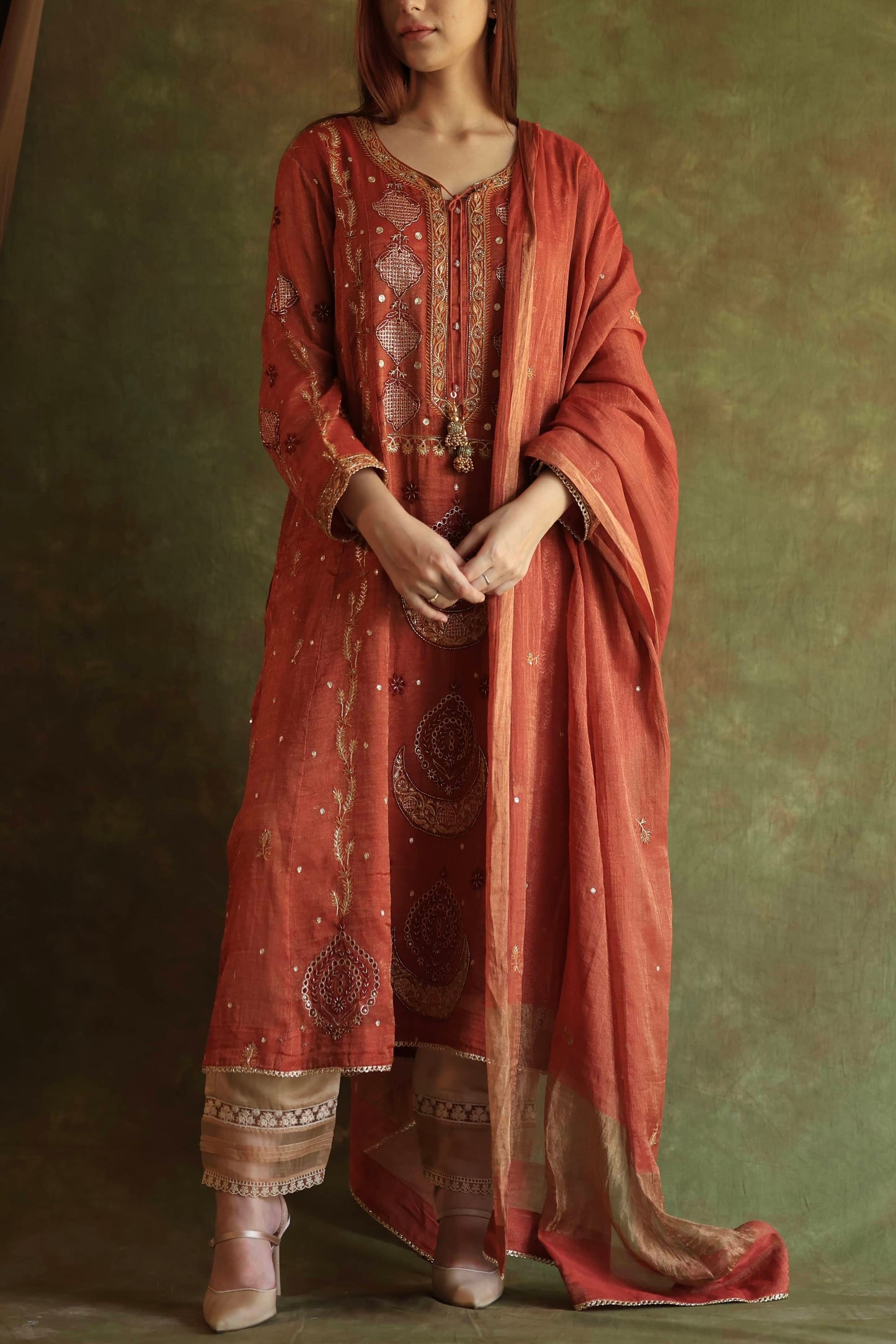 Rose Taupe Shade Tissue Silk Chikankari With Ari Work Kurta Dupatta Set