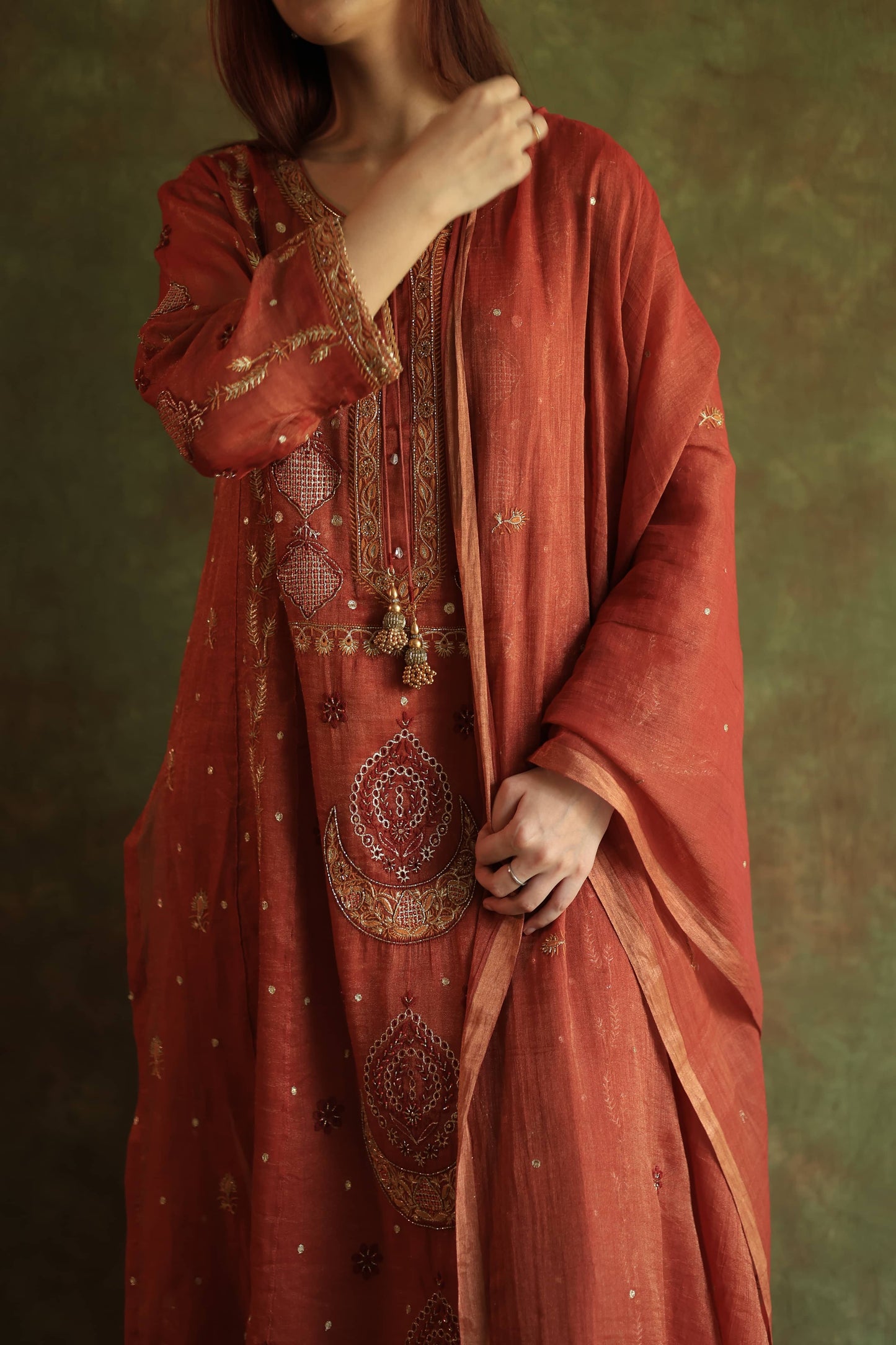 Rose Taupe Shade Tissue Silk Chikankari With Ari Work Kurta Dupatta Set