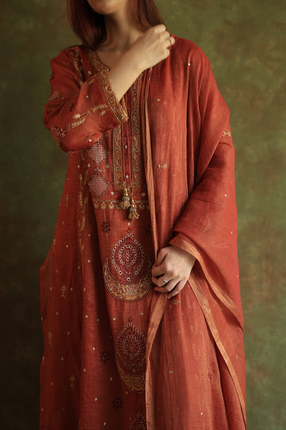 Rose Taupe Shade Tissue Silk Chikankari With Ari Work Kurta Dupatta Set