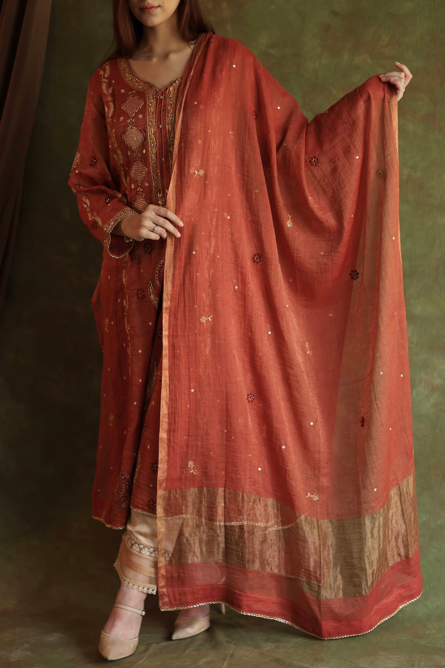 Rose Taupe Shade Tissue Silk Chikankari With Ari Work Kurta Dupatta Set