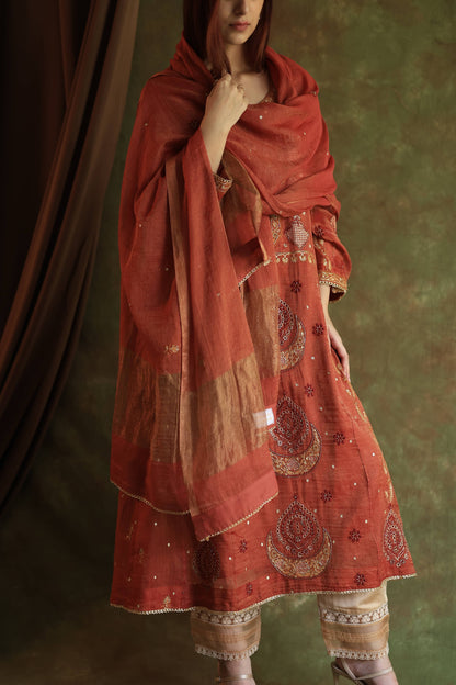 Rose Taupe Shade Tissue Silk Chikankari With Ari Work Kurta Dupatta Set