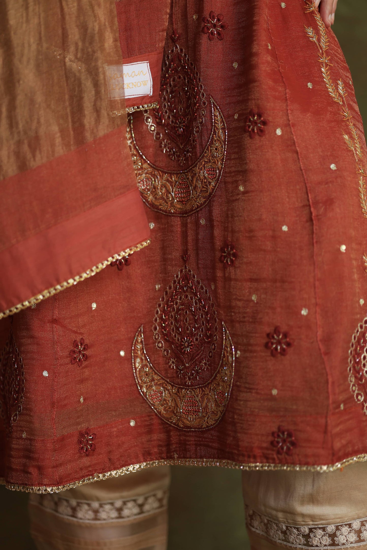 Rose Taupe Shade Tissue Silk Chikankari With Ari Work Kurta Dupatta Set