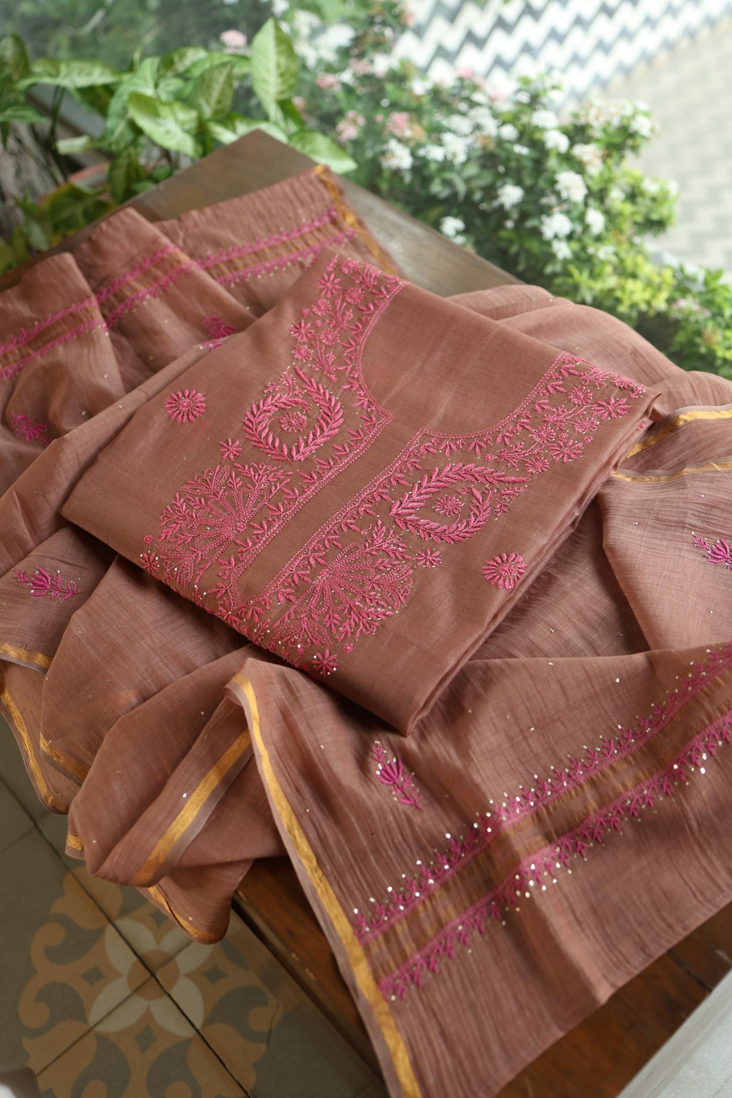 Rose Taupe Shade Mal Cotton Chikankari Unstitched Kurta Dupatta Fabrics With Kamdani