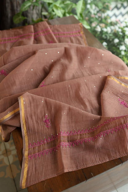 Rose Taupe Shade Mal Cotton Chikankari Unstitched Kurta Dupatta Fabrics With Kamdani