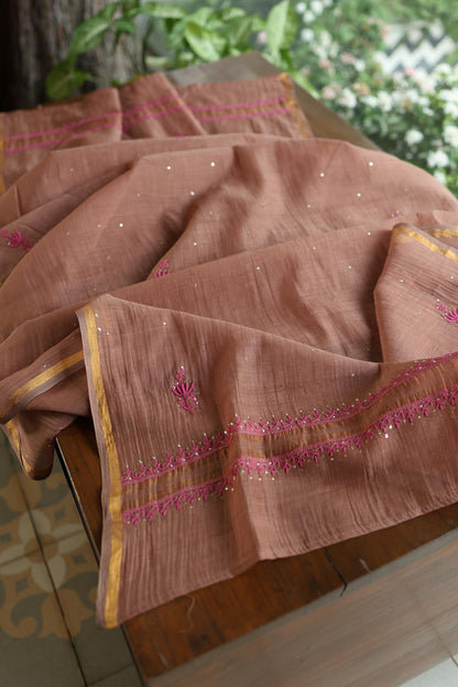 Rose Taupe Shade Mal Cotton Chikankari Unstitched Kurta Dupatta Fabrics With Kamdani