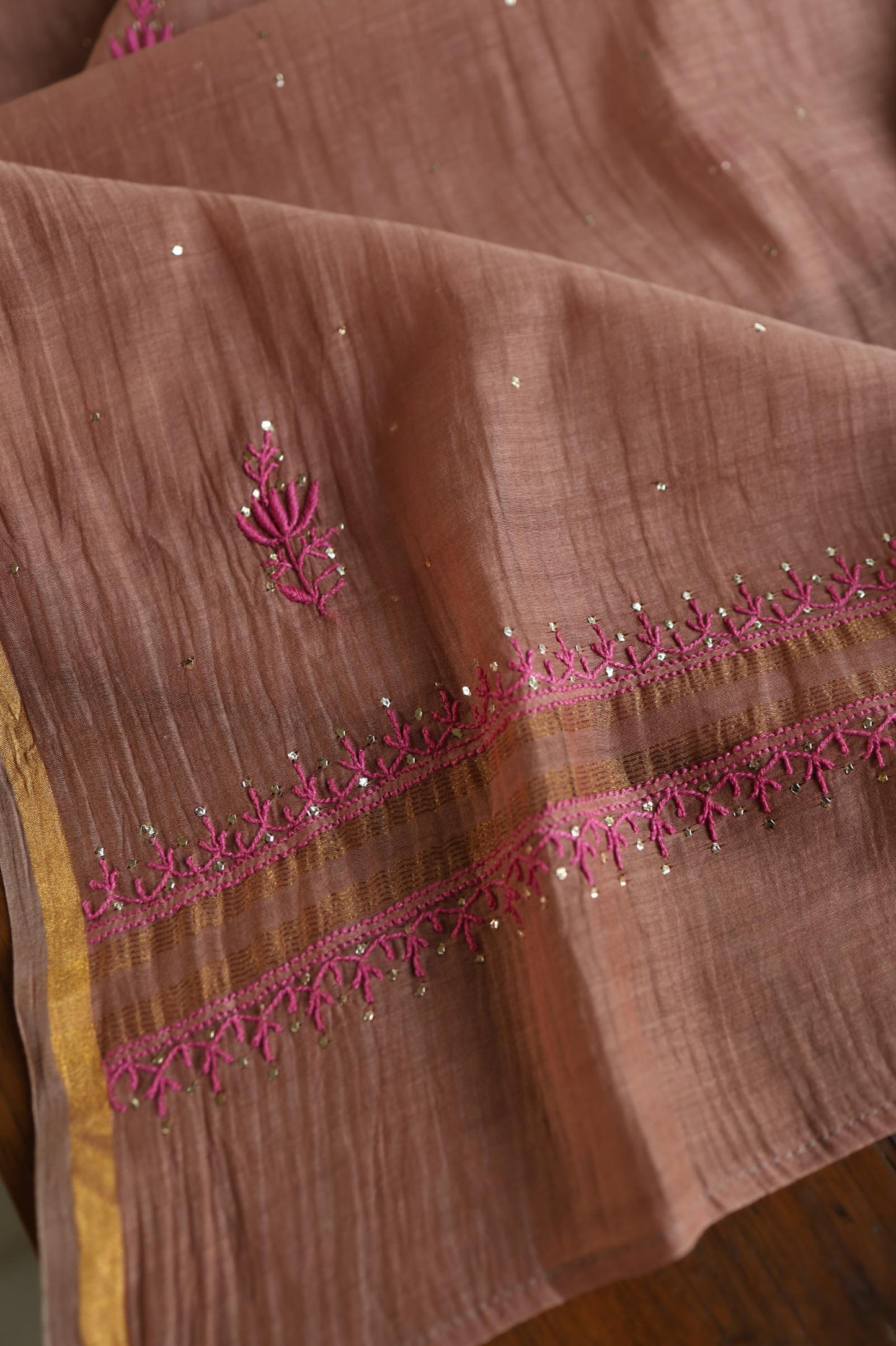 Rose Taupe Shade Mal Cotton Chikankari Unstitched Kurta Dupatta Fabrics With Kamdani