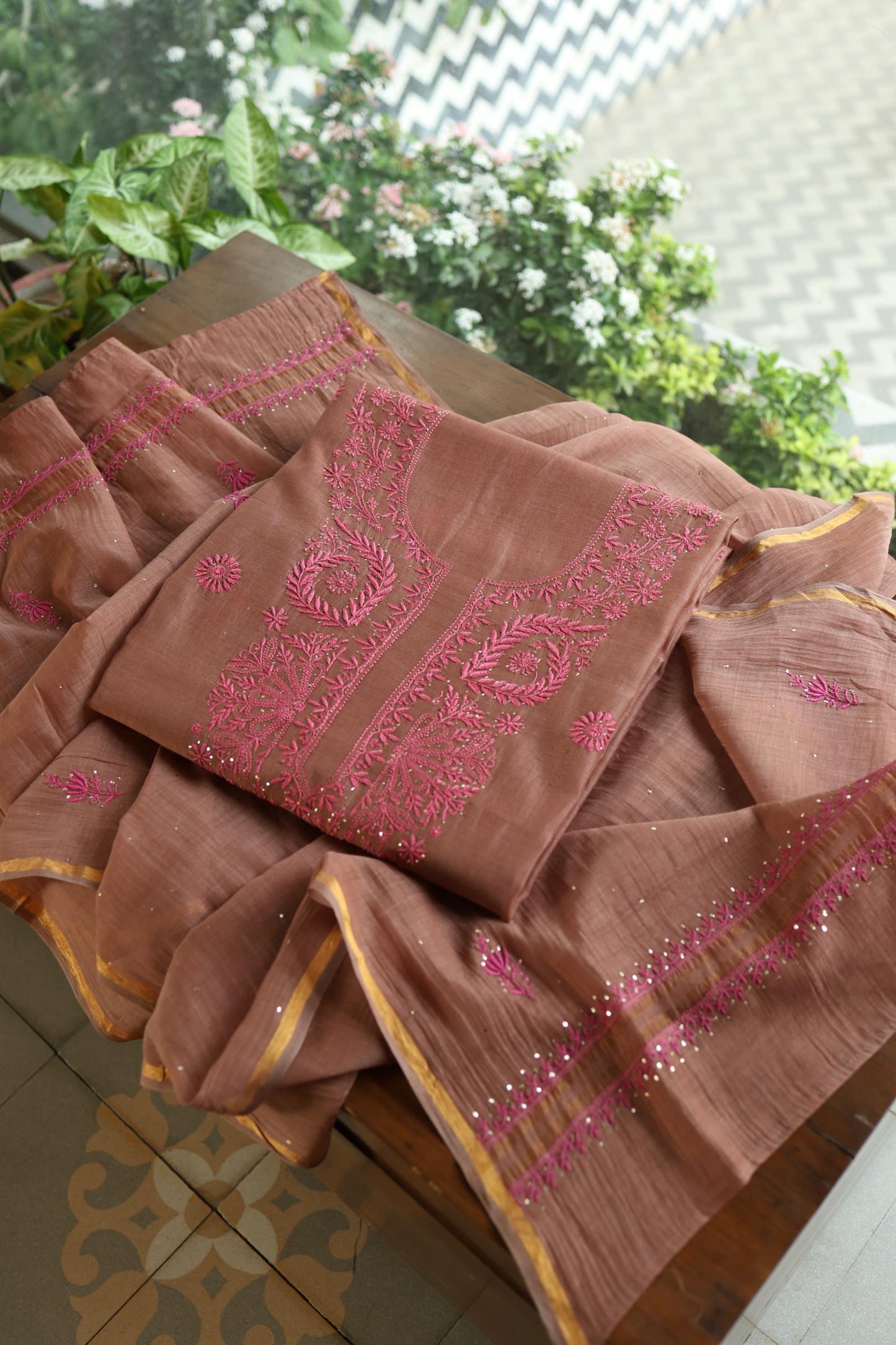 Rose Taupe Shade Mal Cotton Chikankari Unstitched Kurta Dupatta Fabrics With Kamdani