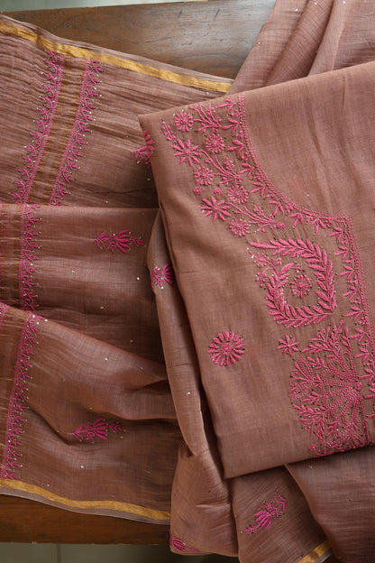 Rose Taupe Shade Mal Cotton Chikankari Unstitched Kurta Dupatta Fabrics With Kamdani