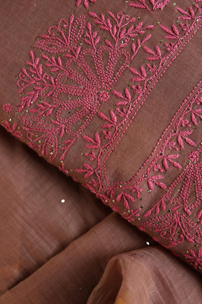 Rose Taupe Shade Mal Cotton Chikankari Unstitched Kurta Dupatta Fabrics With Kamdani