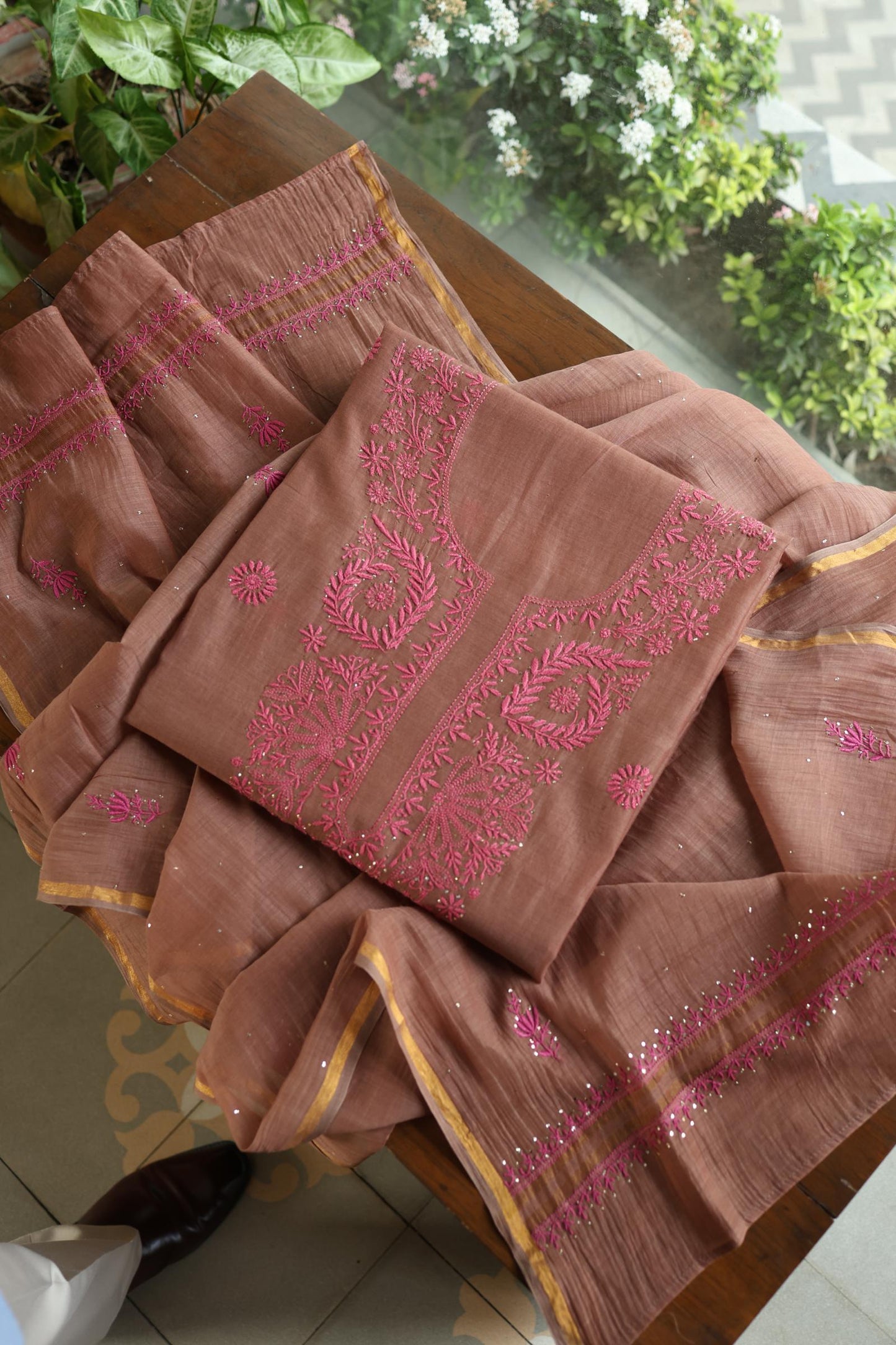 Rose Taupe Shade Mal Cotton Chikankari Unstitched Kurta Dupatta Fabrics With Kamdani