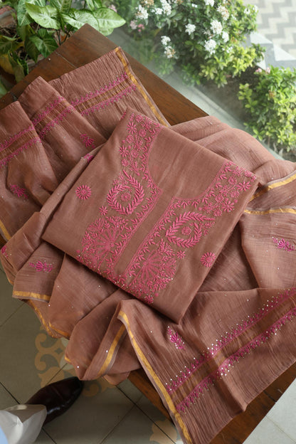 Rose Taupe Shade Mal Cotton Chikankari Unstitched Kurta Dupatta Fabrics With Kamdani