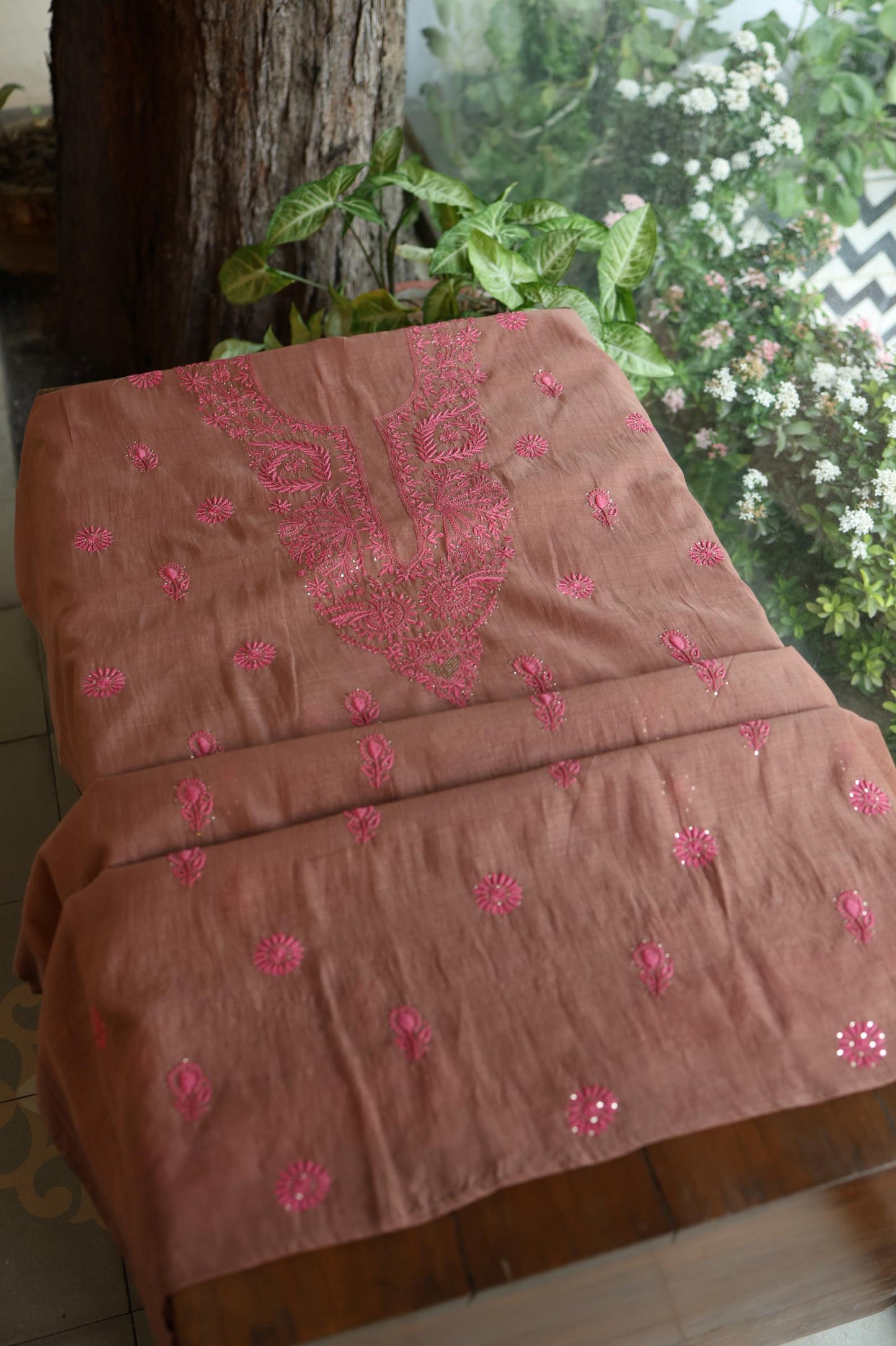 Rose Taupe Shade Mal Cotton Chikankari Unstitched Kurta Dupatta Fabrics With Kamdani