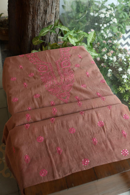 Rose Taupe Shade Mal Cotton Chikankari Unstitched Kurta Dupatta Fabrics With Kamdani