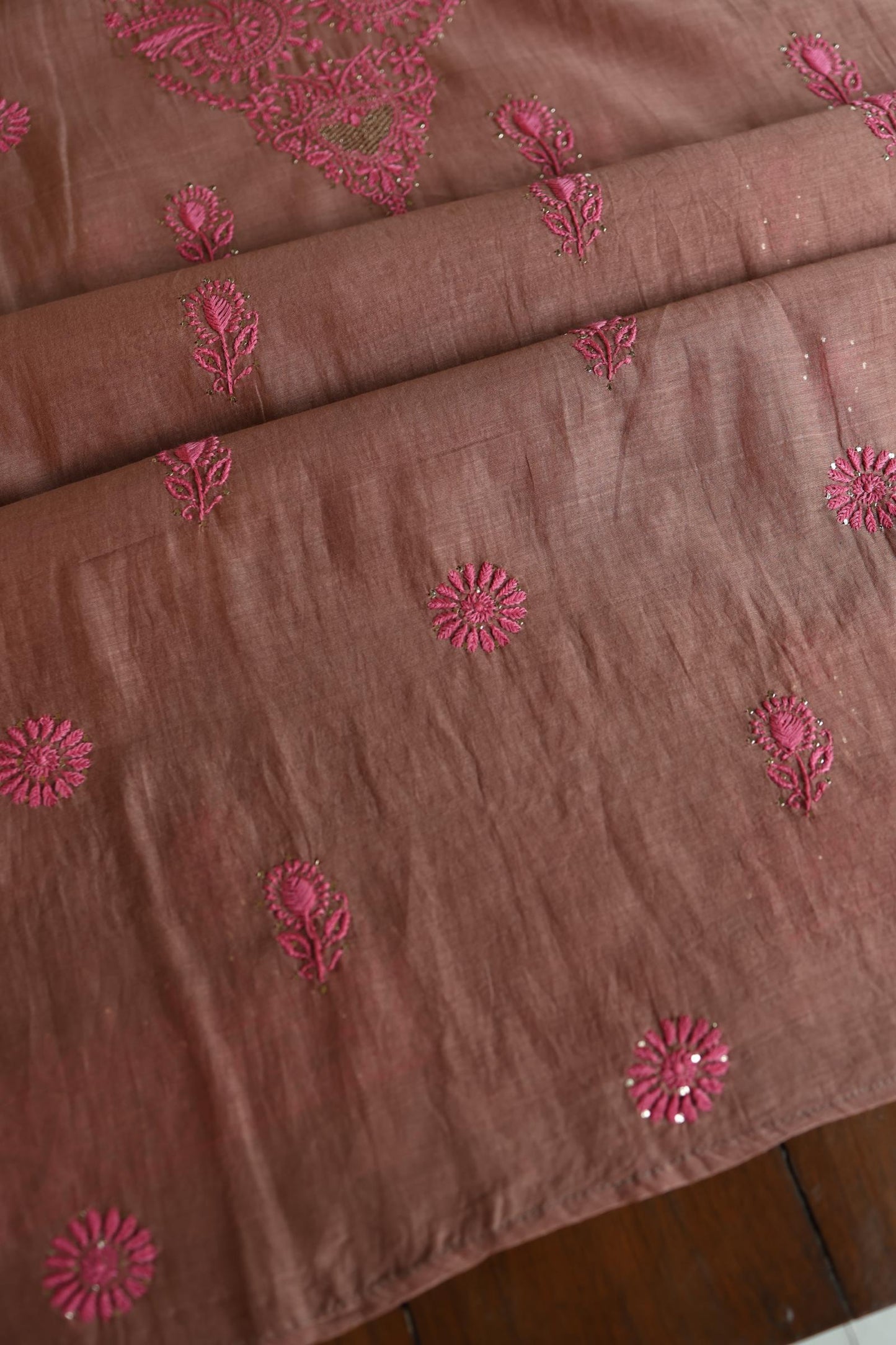 Rose Taupe Shade Mal Cotton Chikankari Unstitched Kurta Dupatta Fabrics With Kamdani