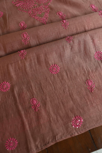 Rose Taupe Shade Mal Cotton Chikankari Unstitched Kurta Dupatta Fabrics With Kamdani