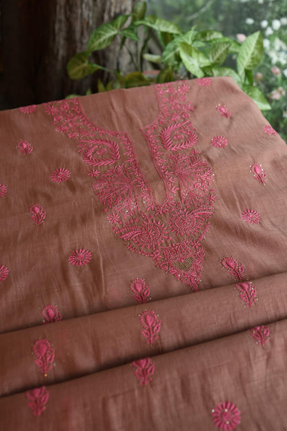 Rose Taupe Shade Mal Cotton Chikankari Unstitched Kurta Dupatta Fabrics With Kamdani