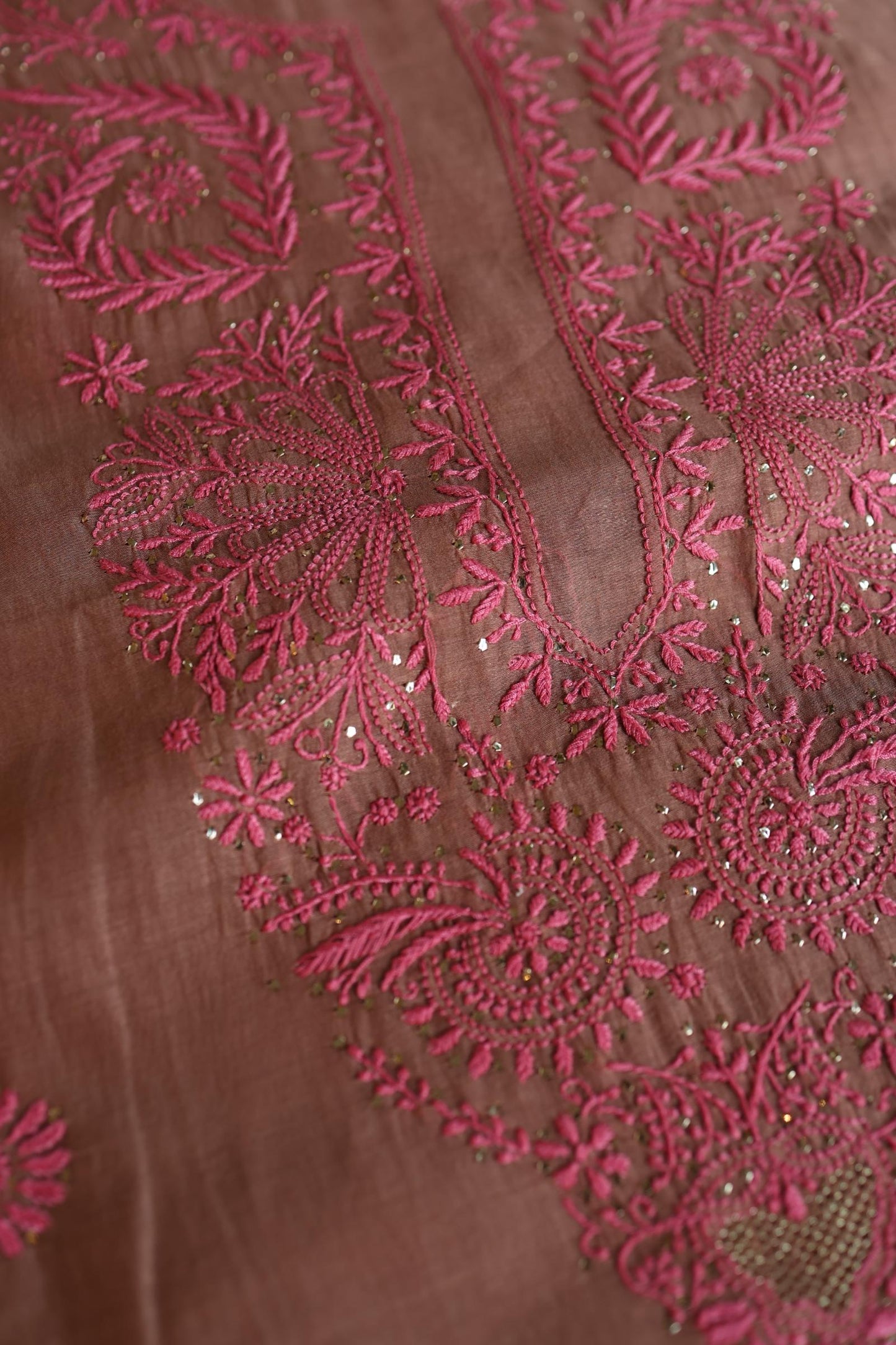 Rose Taupe Shade Mal Cotton Chikankari Unstitched Kurta Dupatta Fabrics With Kamdani