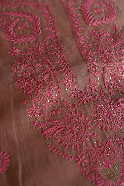 Rose Taupe Shade Mal Cotton Chikankari Unstitched Kurta Dupatta Fabrics With Kamdani