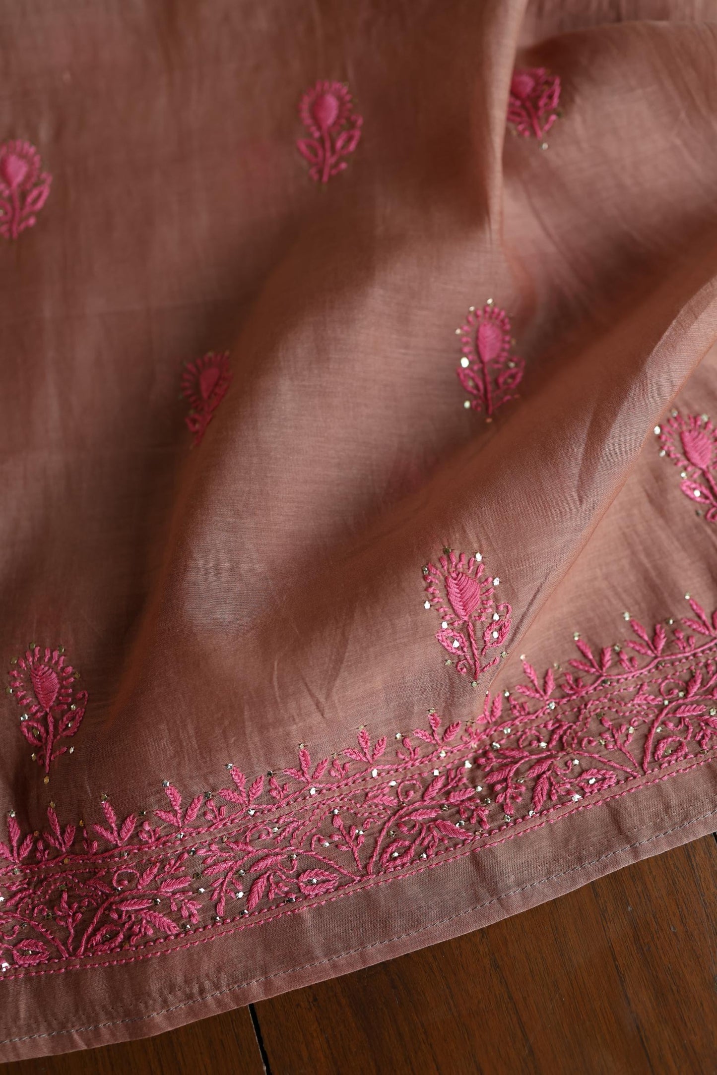 Rose Taupe Shade Mal Cotton Chikankari Unstitched Kurta Dupatta Fabrics With Kamdani