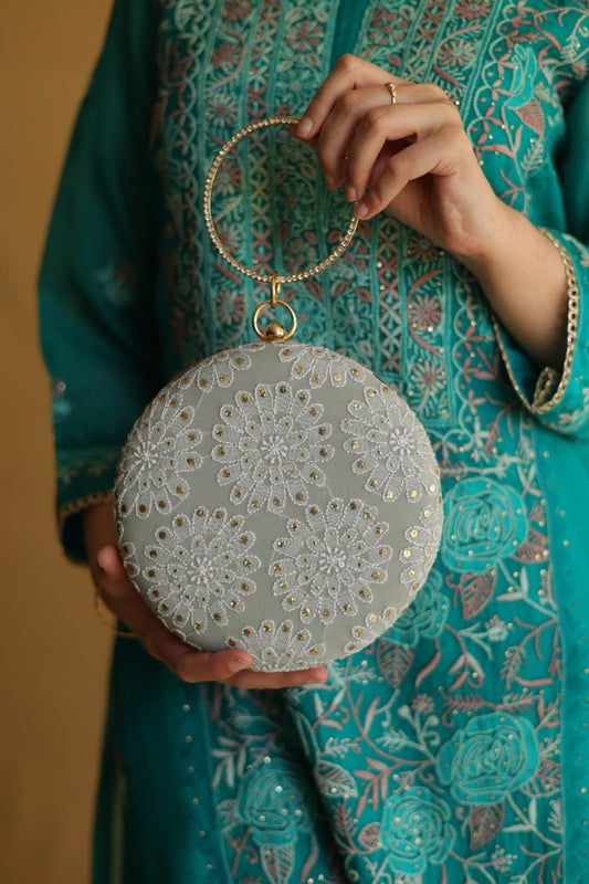 Blue Pure Georgette Mukaish Kamdani Sling Clutch