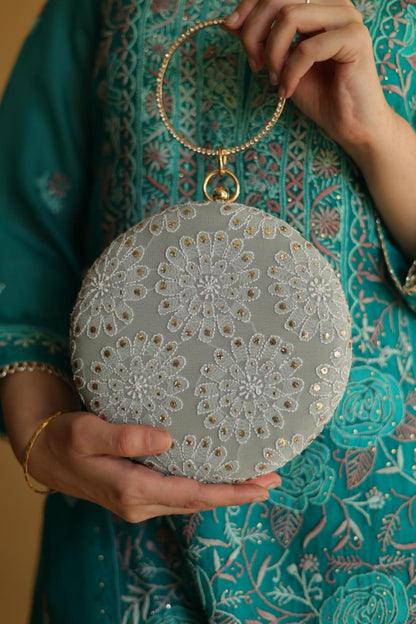 Blue Pure Georgette Mukaish Kamdani Sling Clutch