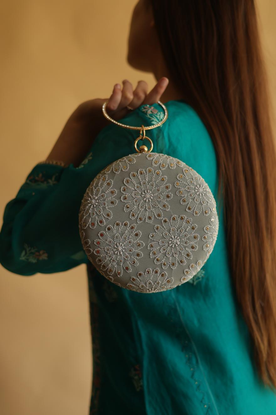 Blue Pure Georgette Mukaish Kamdani Sling Clutch