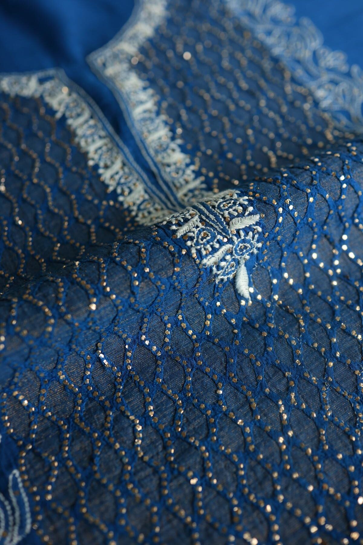 Royal Blue Daraz Chanderi Chikankari Kurta Fabrics