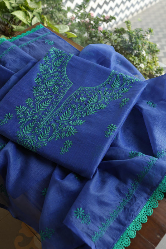 Royal Blue Blue Kota Chikankari Unstitched Fabric
