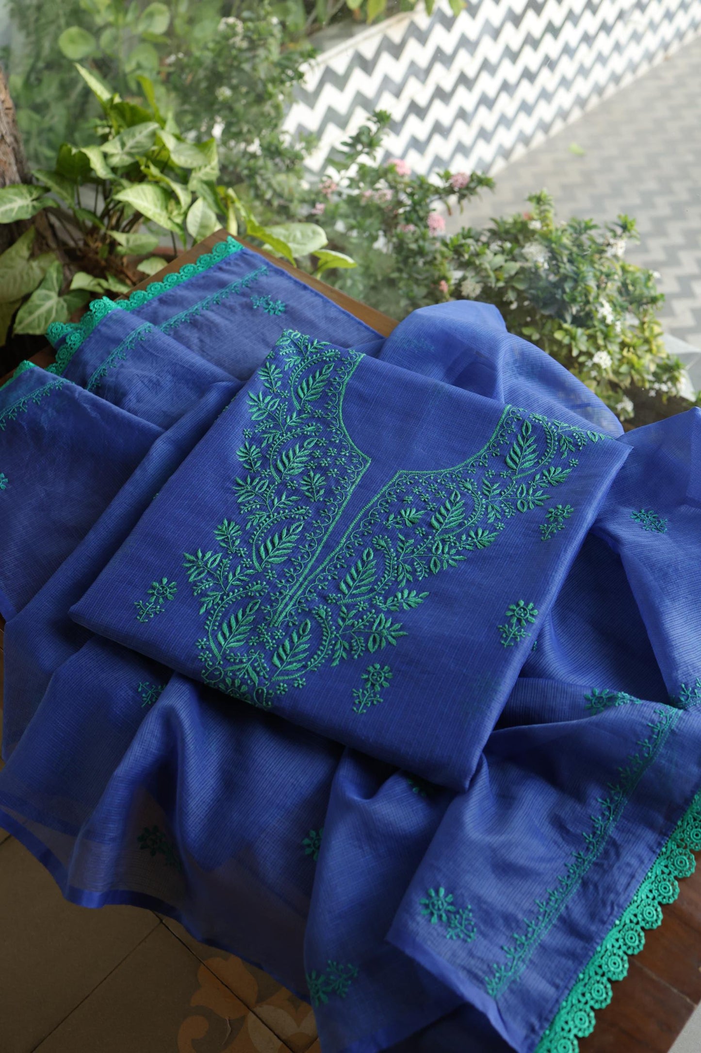 Royal Blue Blue Kota Chikankari Unstitched Fabric