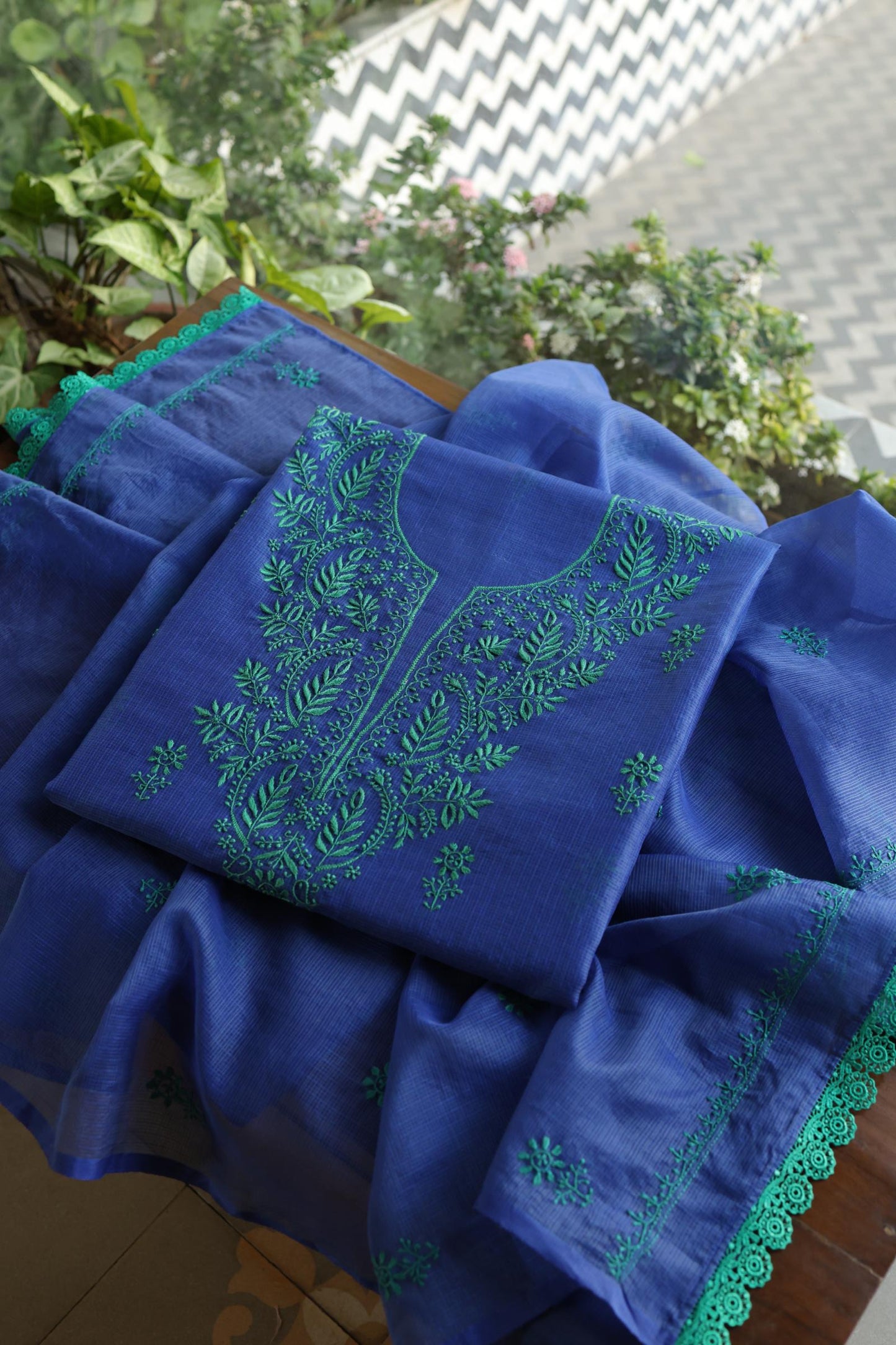 Royal Blue Blue Kota Chikankari Unstitched Fabric