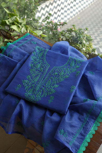 Royal Blue Blue Kota Chikankari Unstitched Fabric