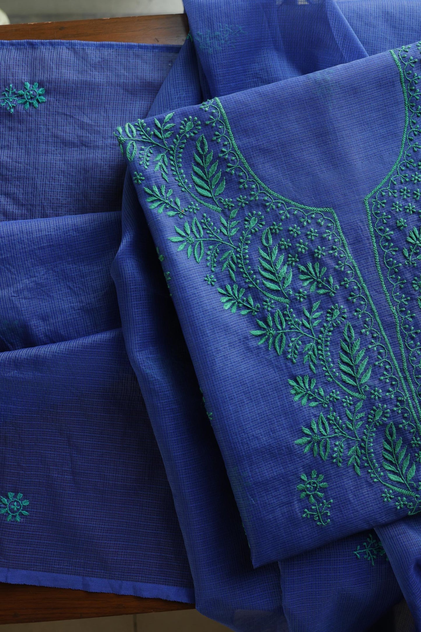Royal Blue Blue Kota Chikankari Unstitched Fabric
