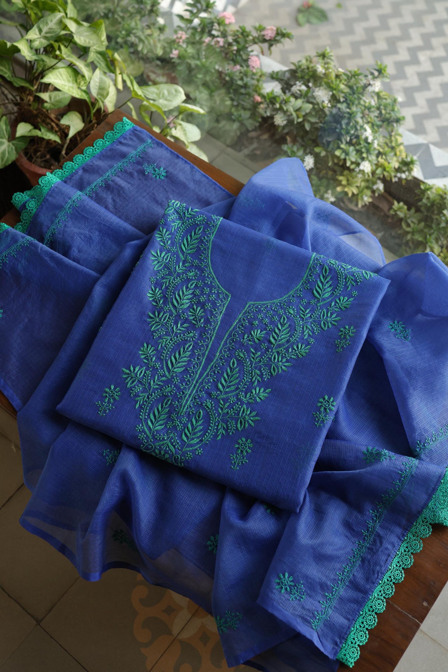 Royal Blue Blue Kota Chikankari Unstitched Fabric