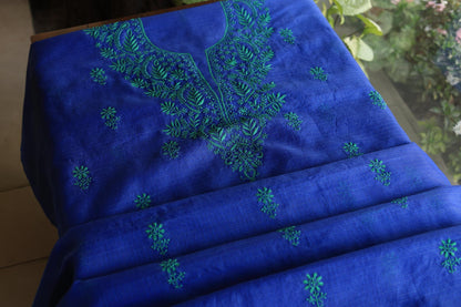 Royal Blue Blue Kota Chikankari Unstitched Fabric