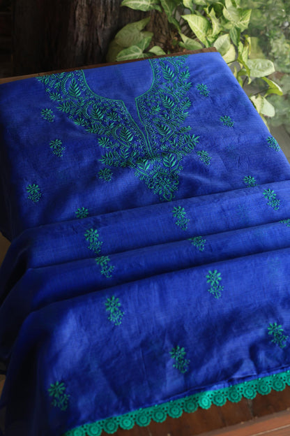 Royal Blue Blue Kota Chikankari Unstitched Fabric