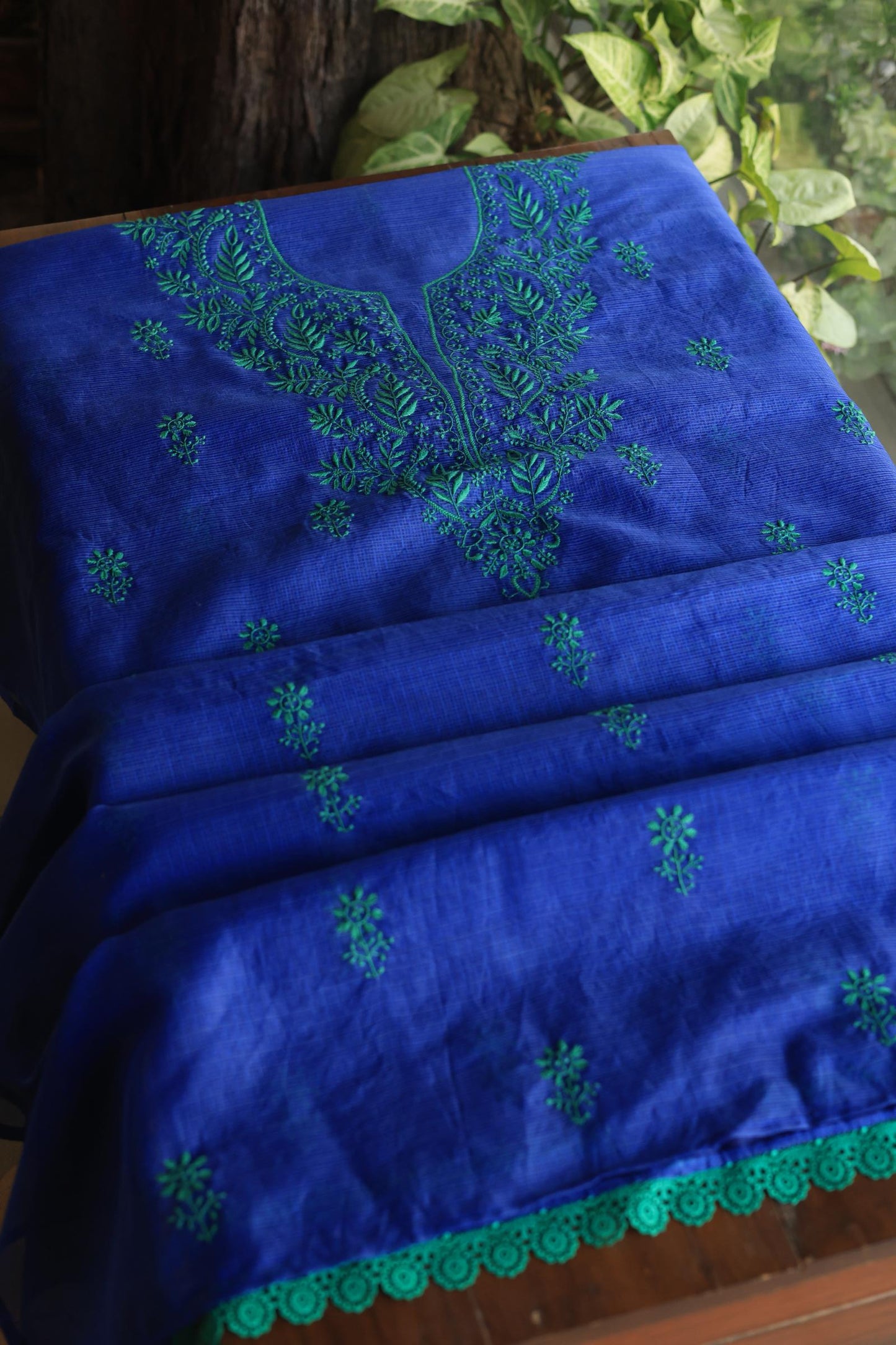 Royal Blue Blue Kota Chikankari Unstitched Fabric