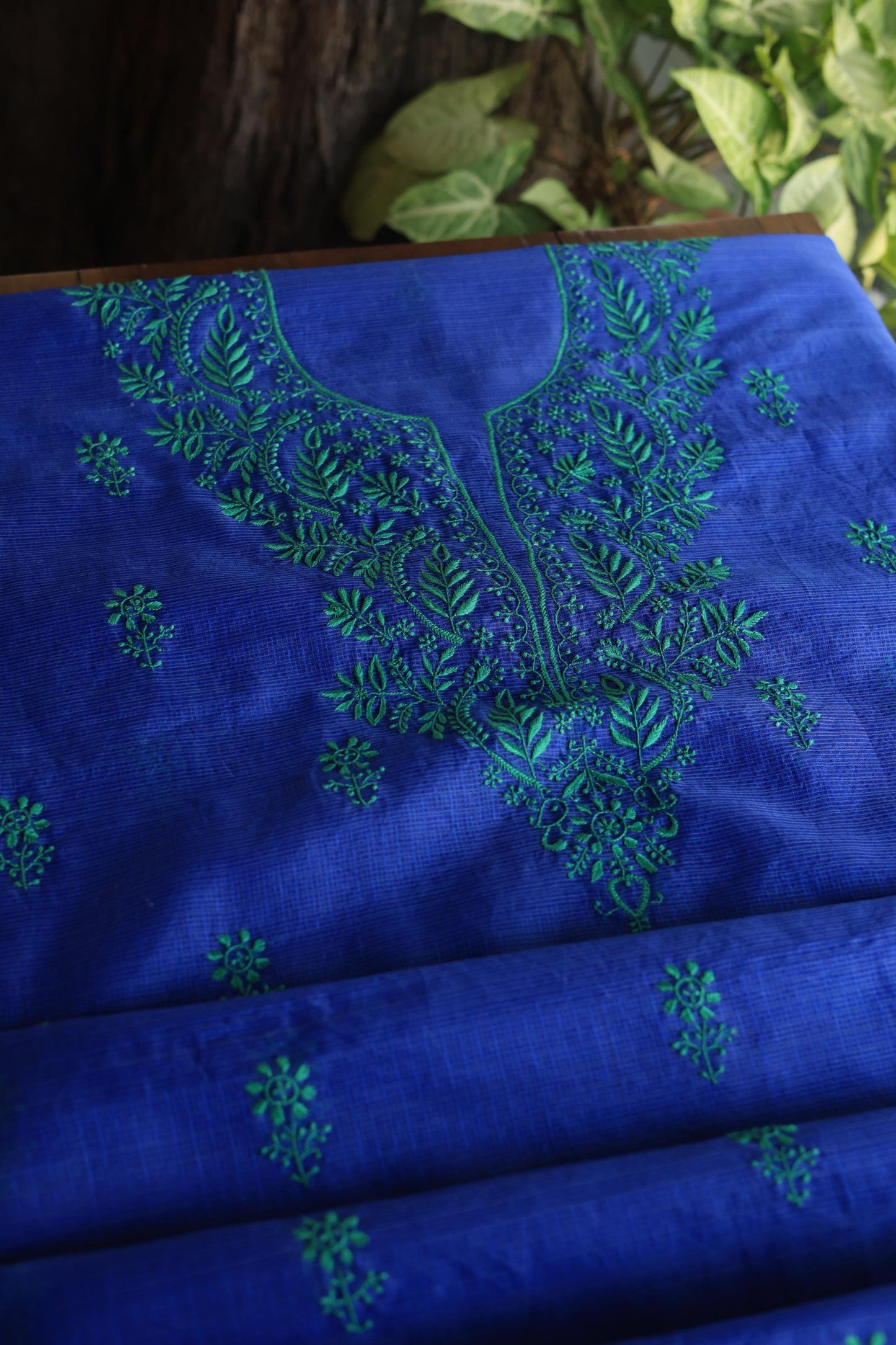 Royal Blue Blue Kota Chikankari Unstitched Fabric