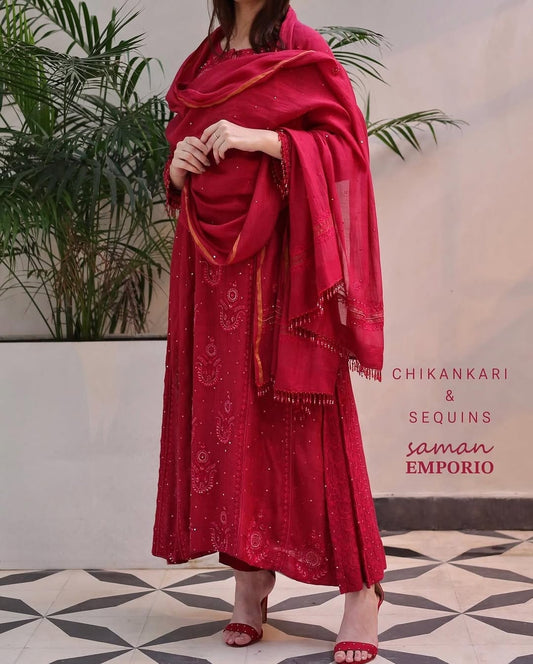 Ruby Red Malmal Pearl Work Chikankari A Line Kurta With Dupatta