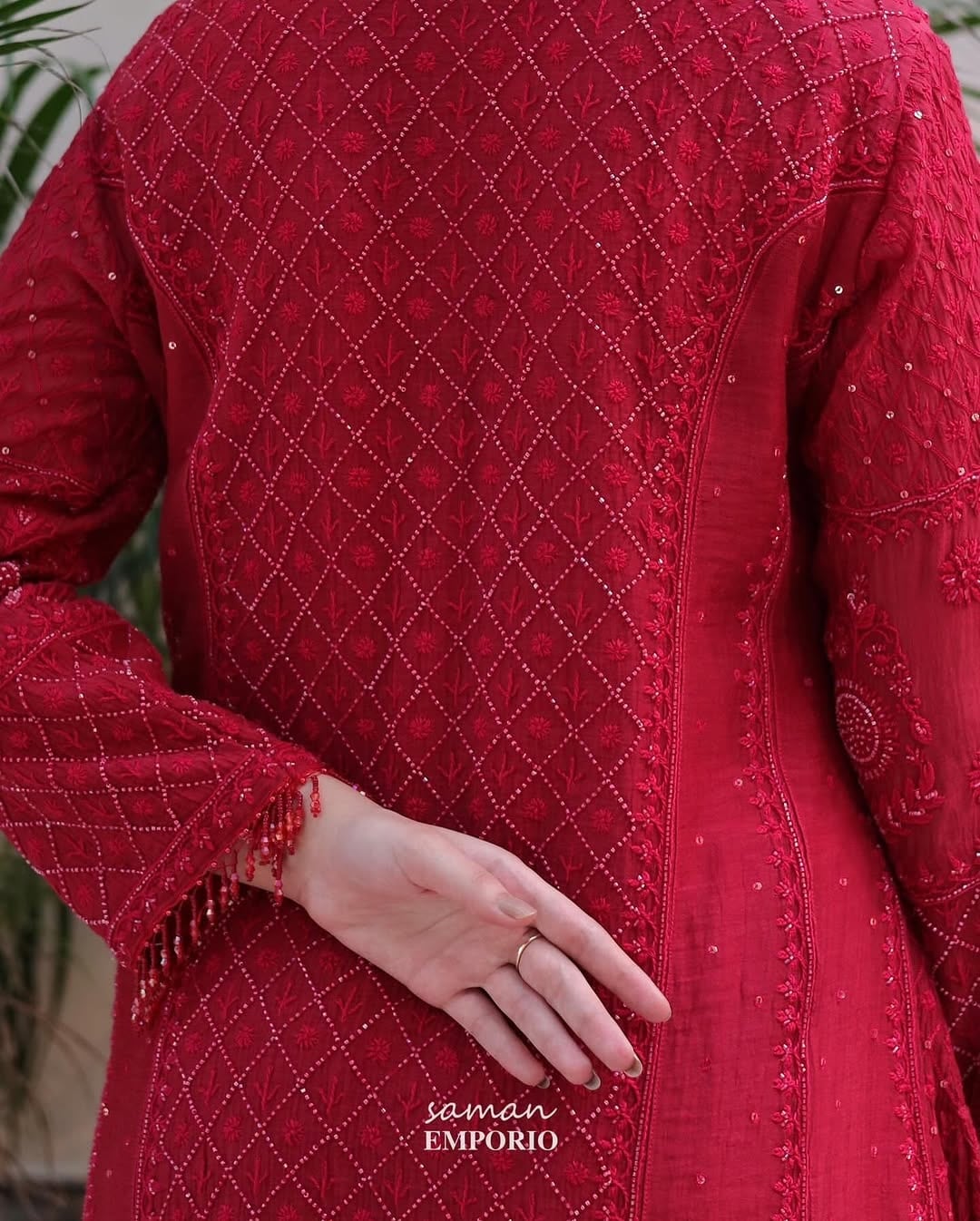 Ruby Red Malmal Pearl Work Chikankari A Line Kurta With Dupatta