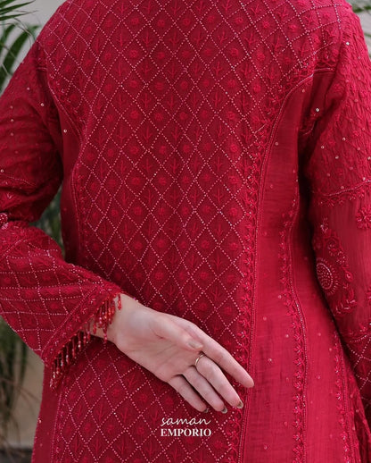 Ruby Red Malmal Pearl Work Chikankari A Line Kurta With Dupatta