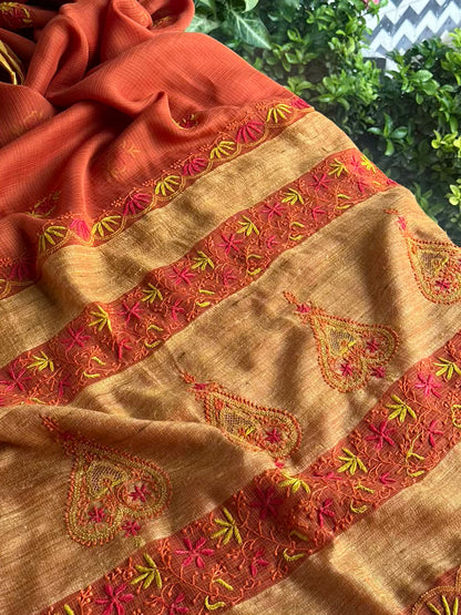 Rust Shade Silk Gheecha Palla Kota Chikankari Saree
