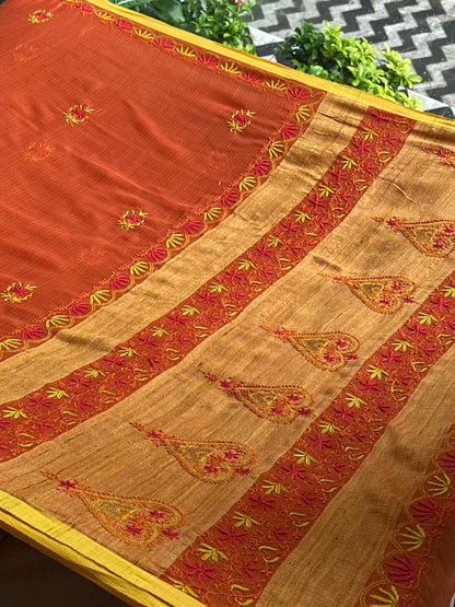 Rust Shade Silk Gheecha Palla Kota Chikankari Saree