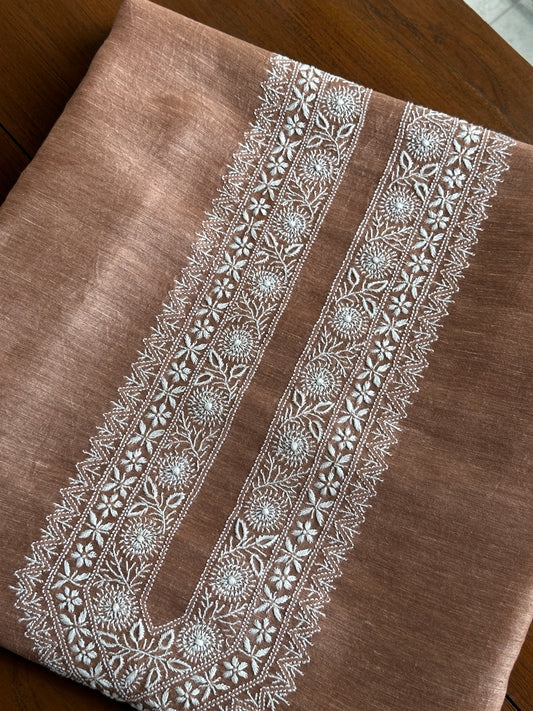 Rust Brown Linen Chikankari Unstitched Men's Kurtas Fabric