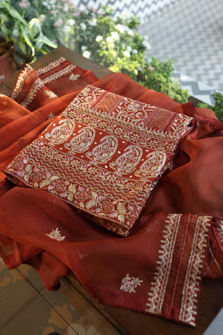 Rust Orange Moonga Silk Chikankari Unstitched Fabric