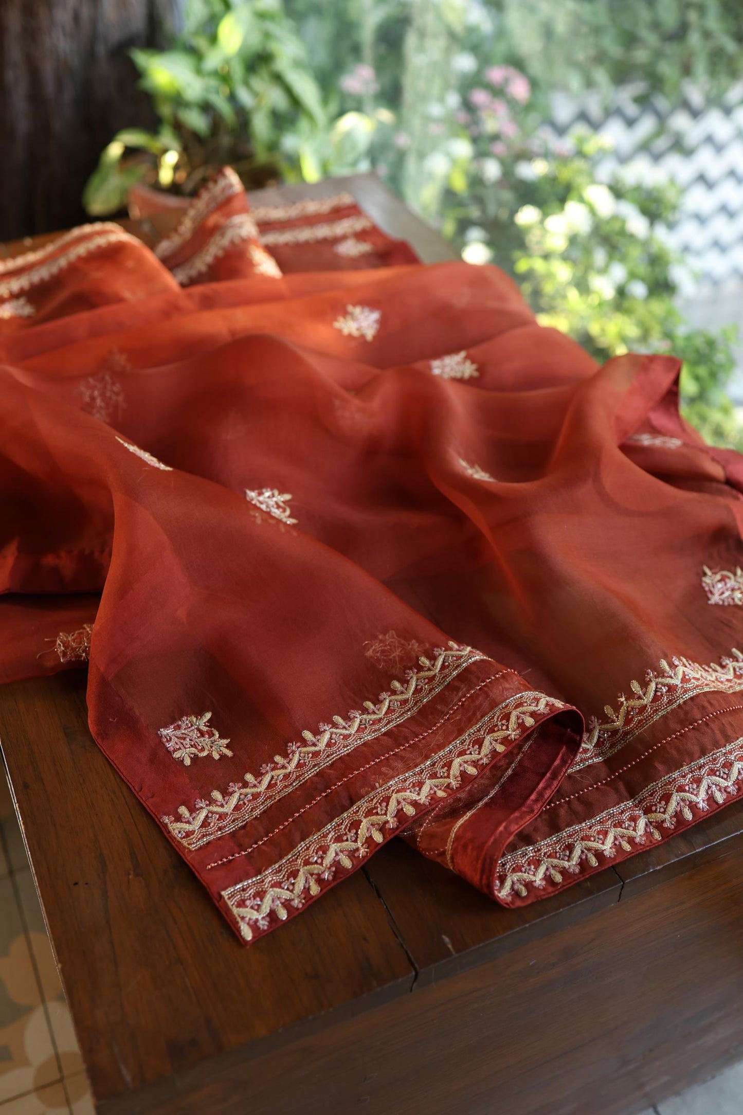 Rust Orange Moonga Silk Chikankari Unstitched Fabric