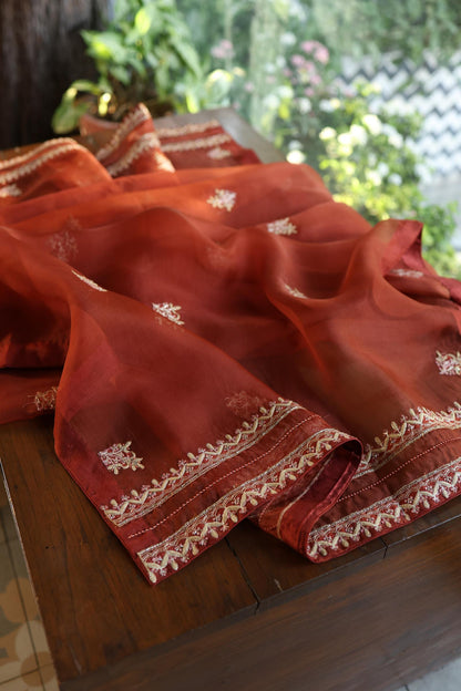 Rust Orange Moonga Silk Chikankari Unstitched Fabric