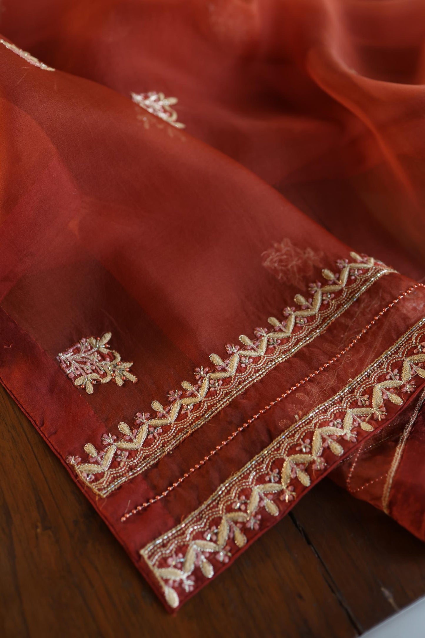 Rust Orange Moonga Silk Chikankari Unstitched Fabric