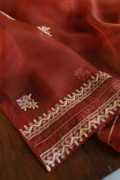 Rust Orange Moonga Silk Chikankari Unstitched Fabric